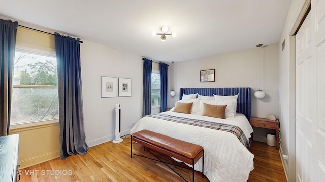 bedroom with a closet and hardwood / wood-style flooring