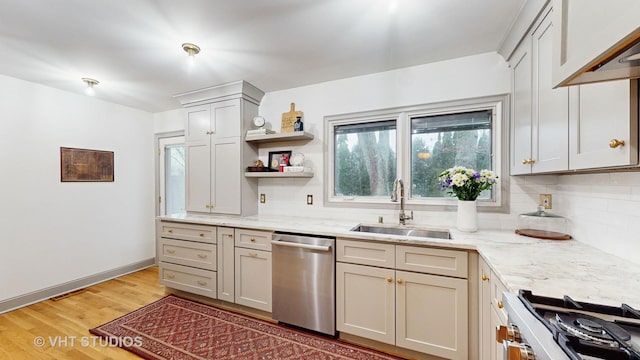 kitchen featuring light wood-type flooring, stainless steel appliances, sink, light stone counters, and decorative backsplash