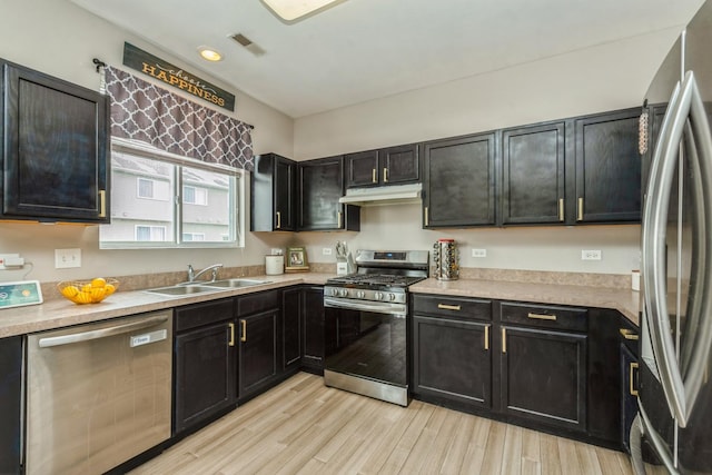 kitchen featuring stainless steel appliances, a sink, light countertops, and under cabinet range hood