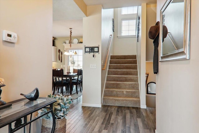 stairway with hardwood / wood-style floors and a notable chandelier