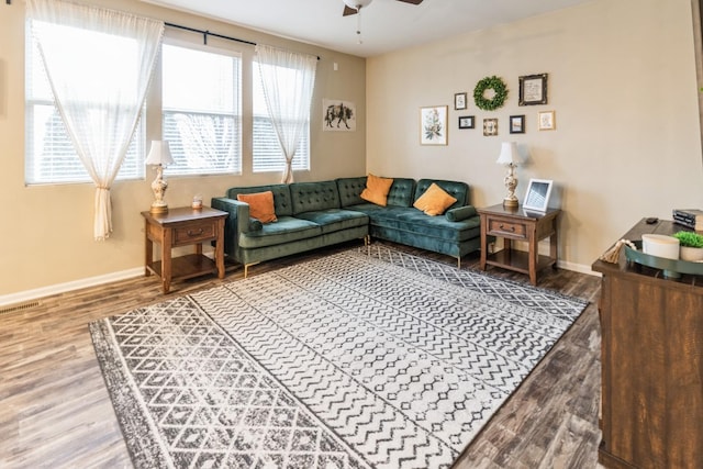 living room with ceiling fan and wood-type flooring