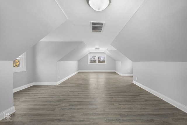 additional living space with lofted ceiling, plenty of natural light, and dark hardwood / wood-style floors