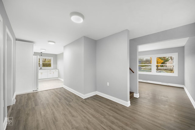 hall with a wealth of natural light and dark hardwood / wood-style floors