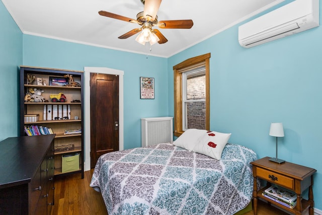 bedroom featuring crown molding, ceiling fan, dark hardwood / wood-style flooring, and an AC wall unit