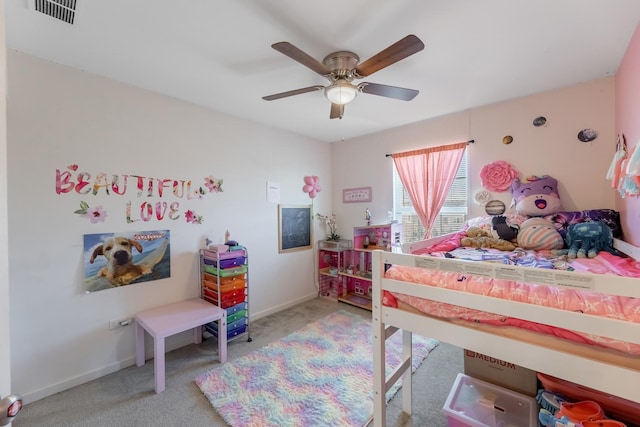 bedroom featuring ceiling fan and light carpet