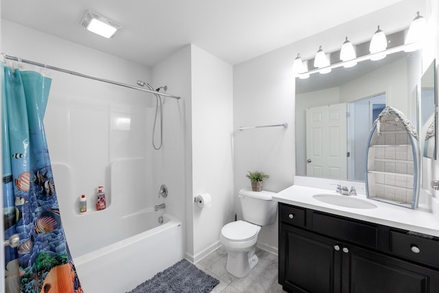 full bathroom featuring vanity, shower / bath combination with curtain, and toilet