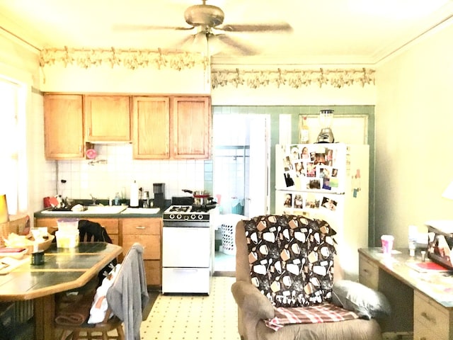 kitchen featuring tasteful backsplash, sink, white appliances, and ceiling fan