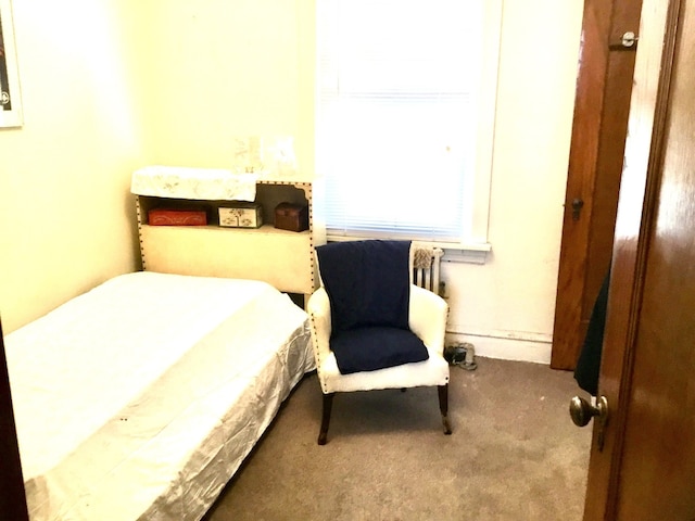 carpeted bedroom featuring radiator