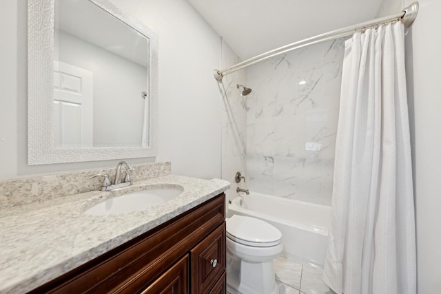 full bathroom with toilet, vanity, and shower / bathtub combination with curtain