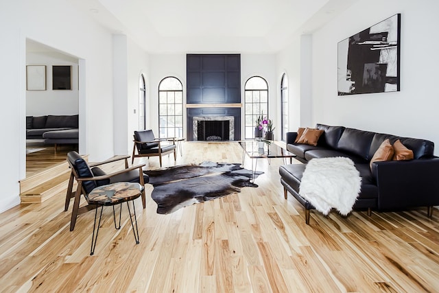 living room featuring light wood-type flooring and a tray ceiling