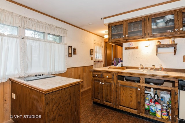 kitchen with sink, crown molding, wooden walls, tile counters, and dishwasher