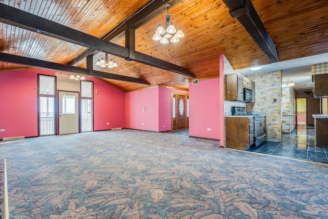 unfurnished living room with vaulted ceiling with beams, wood ceiling, a notable chandelier, and dark colored carpet