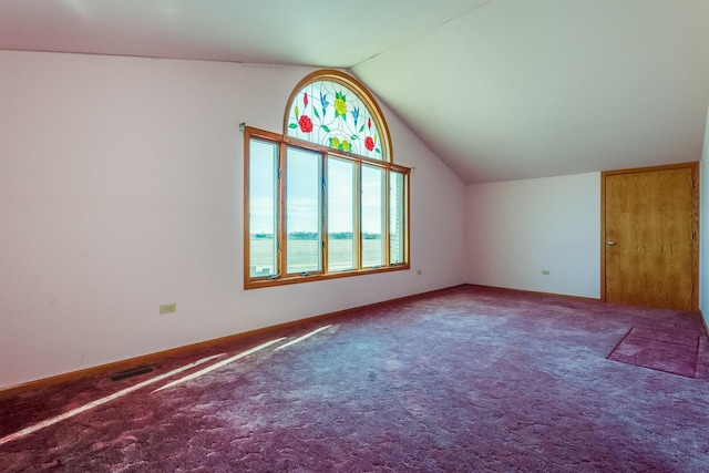 additional living space with a water view, carpet floors, and vaulted ceiling