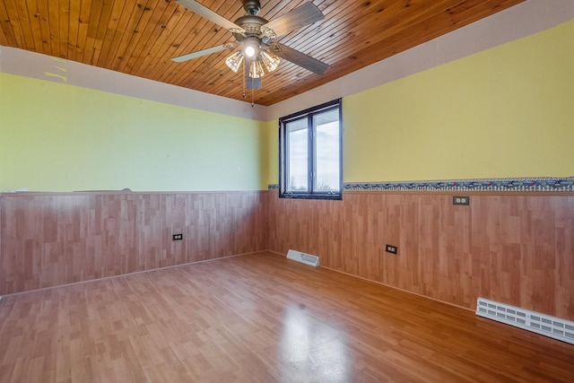 spare room featuring wood-type flooring, wooden ceiling, wooden walls, and ceiling fan