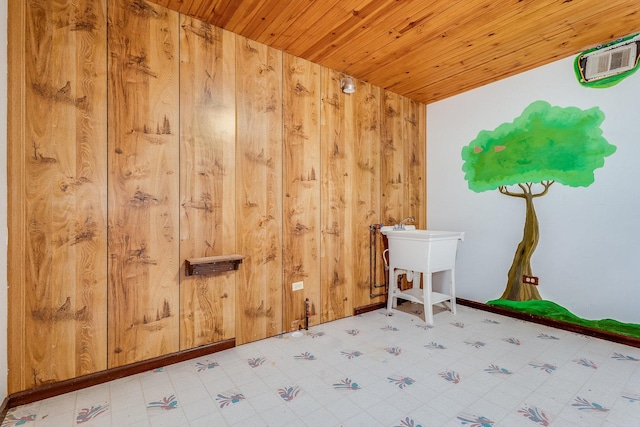 unfurnished bedroom with wood ceiling and wood walls