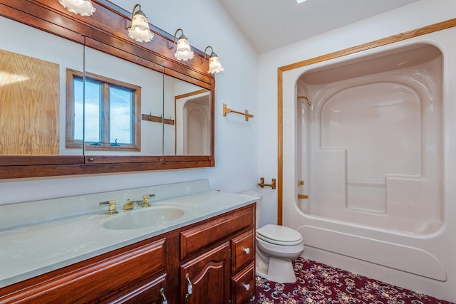 full bathroom with washtub / shower combination, vanity, and toilet