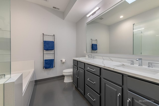 full bathroom featuring independent shower and bath, vanity, and toilet