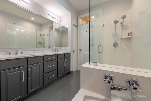 bathroom featuring vanity and an enclosed shower