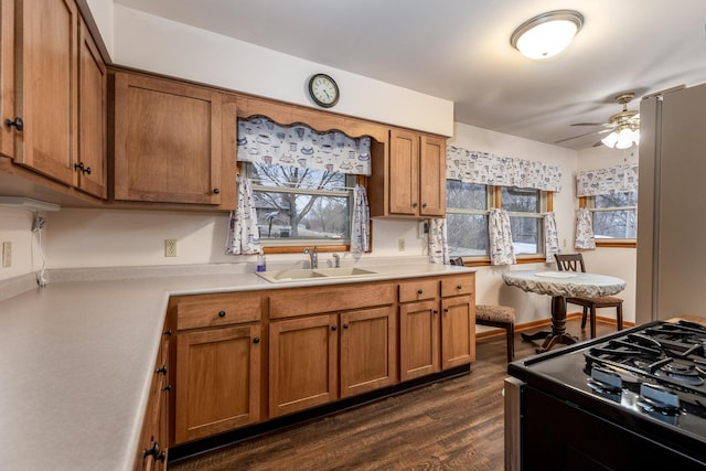 kitchen featuring sink, dark hardwood / wood-style floors, black stove, and ceiling fan