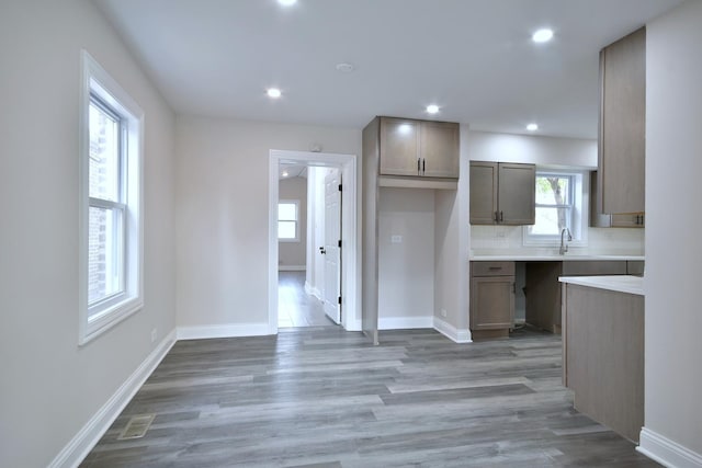 kitchen with tasteful backsplash, sink, and hardwood / wood-style floors