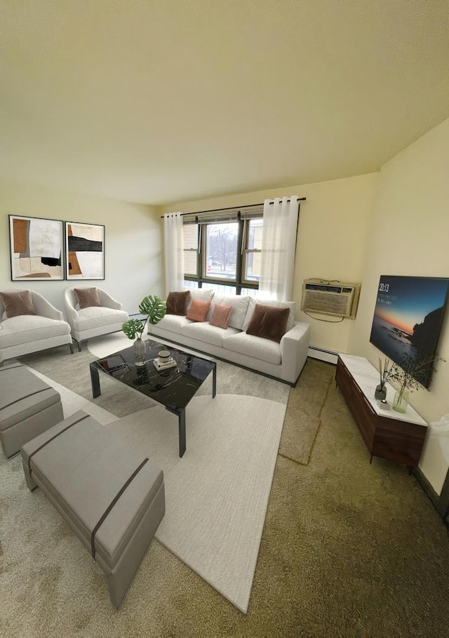 living room with carpet, a baseboard heating unit, and an AC wall unit