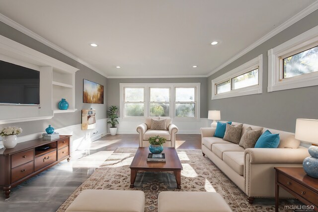 empty room featuring ornamental molding, heating unit, and a wealth of natural light