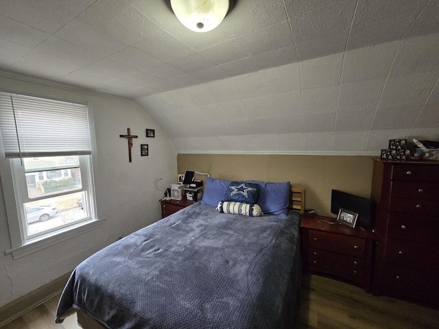 bedroom featuring vaulted ceiling and hardwood / wood-style floors