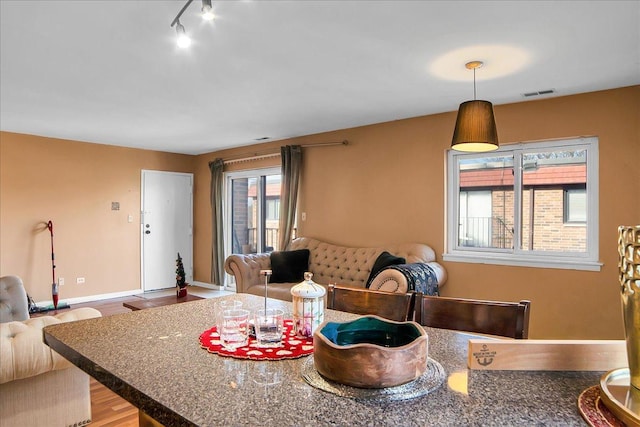 kitchen with hanging light fixtures, wood-type flooring, and track lighting