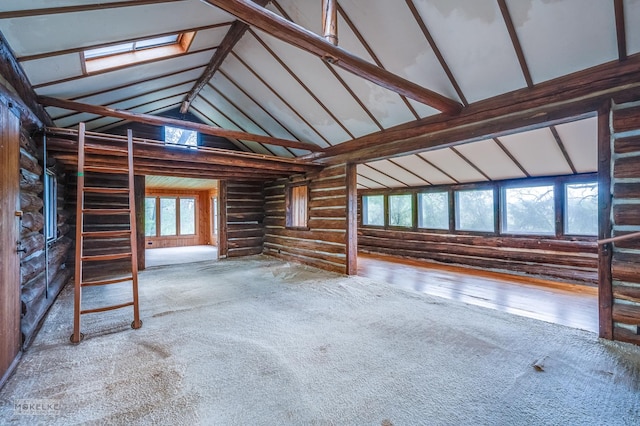 1026 State Route 25, Oswego, IL 60543 - unfurnished living room featuring wooden walls, high vaulted ceiling, and carpet