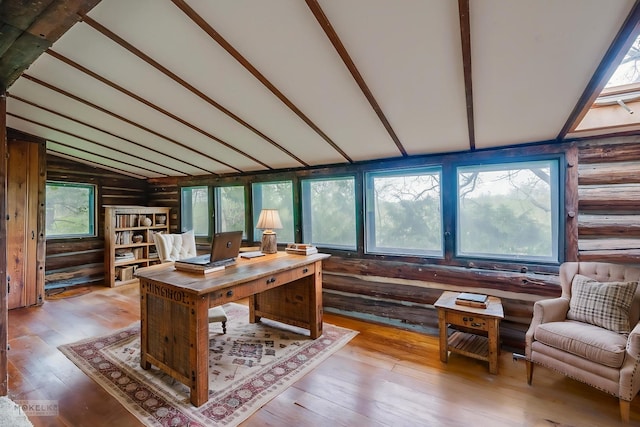 1026 State Route 25, Oswego, IL 60543 - office with rustic walls, beam ceiling, and hardwood / wood-style floors