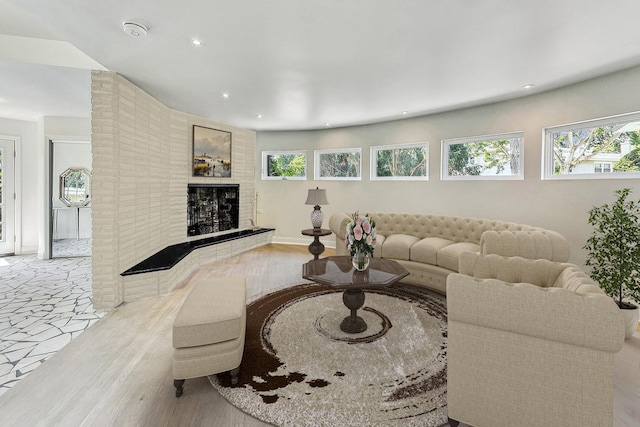 living room with a fireplace and light hardwood / wood-style flooring