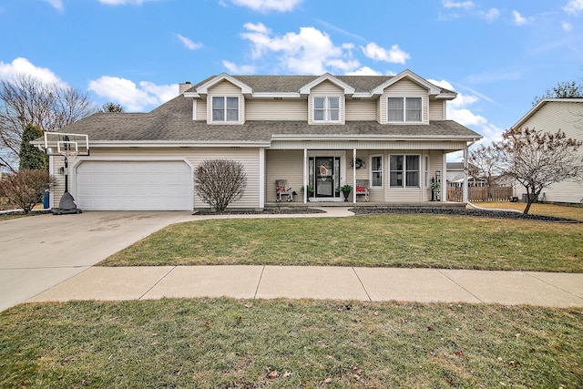 view of front of property featuring a garage, a porch, and a front lawn