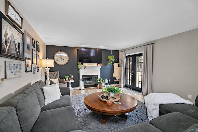 living room with light hardwood / wood-style floors and french doors