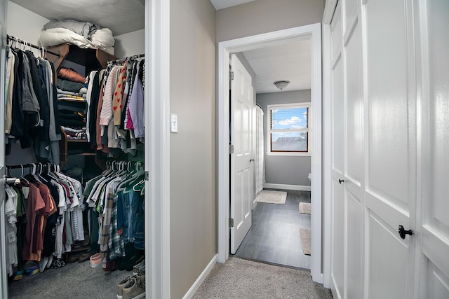 spacious closet featuring light carpet