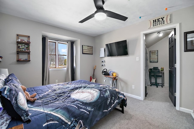 bedroom featuring ceiling fan and light colored carpet