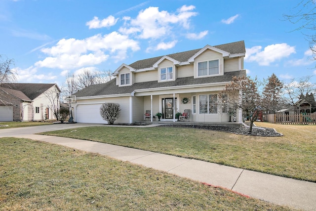 view of property featuring a garage, a front yard, and a porch