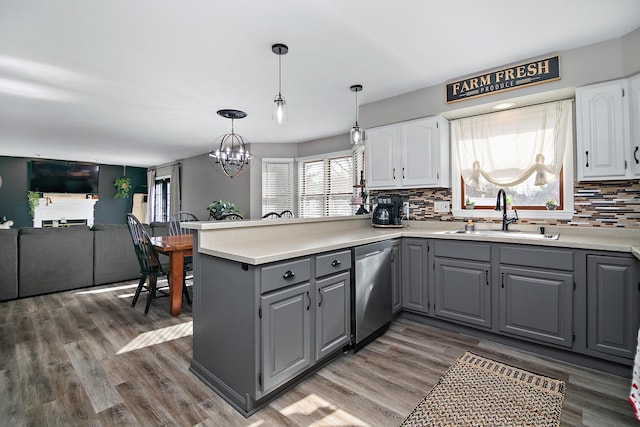 kitchen with sink, gray cabinets, stainless steel dishwasher, and white cabinets