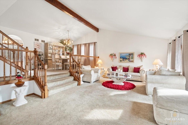 living room with lofted ceiling with beams, carpet floors, and a notable chandelier