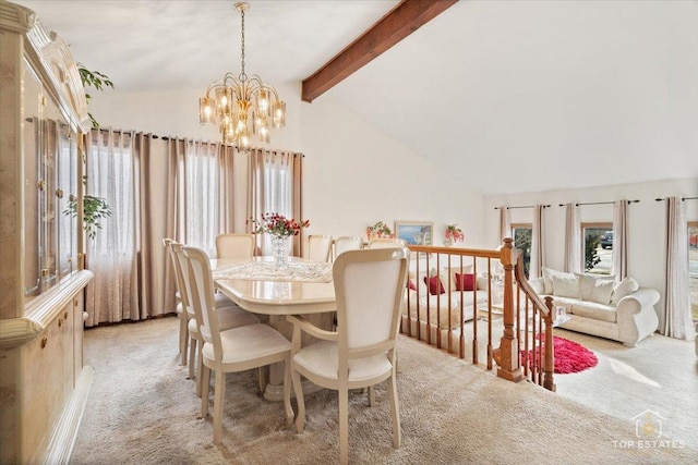 dining space featuring an inviting chandelier, vaulted ceiling with beams, and light colored carpet