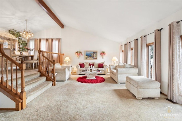 carpeted living room with vaulted ceiling with beams and a notable chandelier