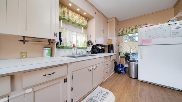 kitchen with light hardwood / wood-style floors, sink, white fridge, and white cabinets