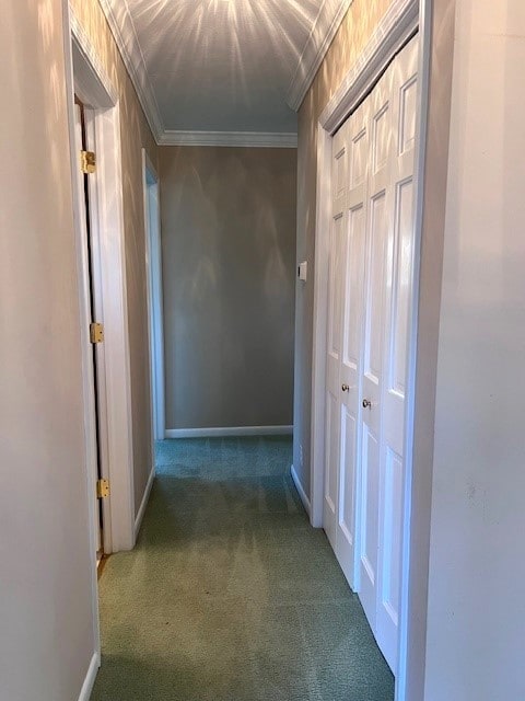 hallway with crown molding and dark colored carpet