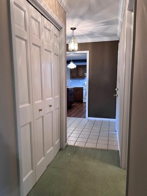 hallway with ornamental molding and carpet flooring