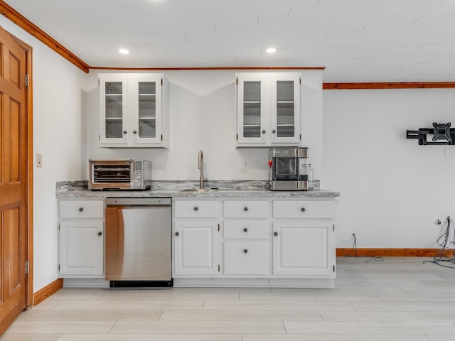 kitchen with white cabinetry, sink, light hardwood / wood-style floors, and dishwasher