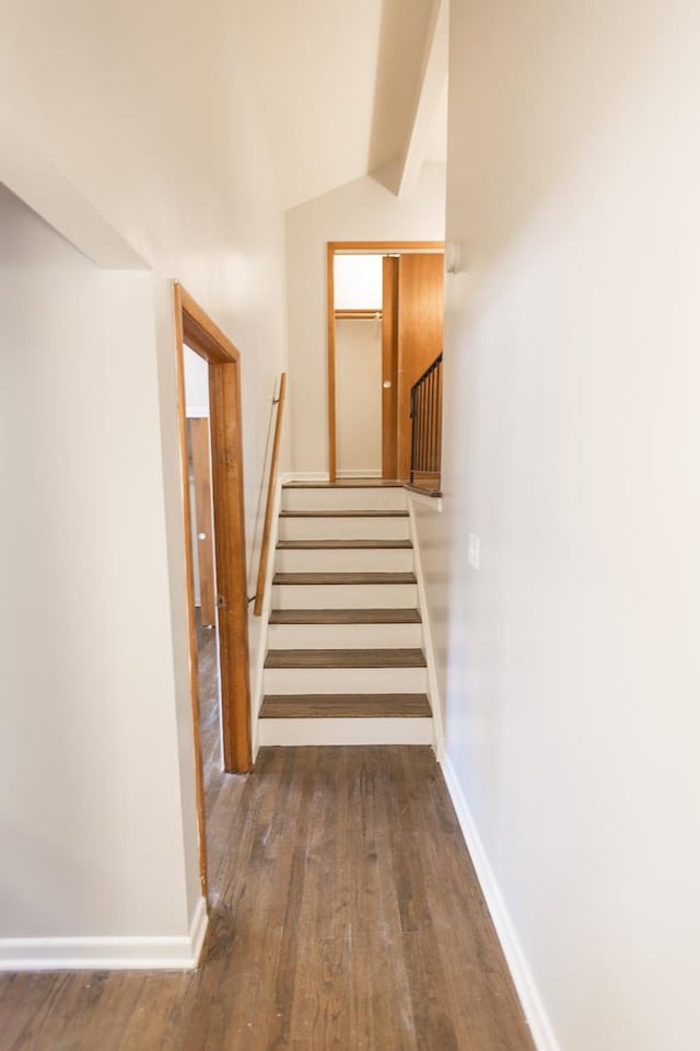 stairway featuring hardwood / wood-style floors and vaulted ceiling