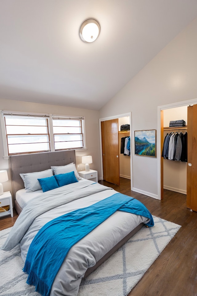 bedroom featuring lofted ceiling, a closet, a walk in closet, and dark hardwood / wood-style floors