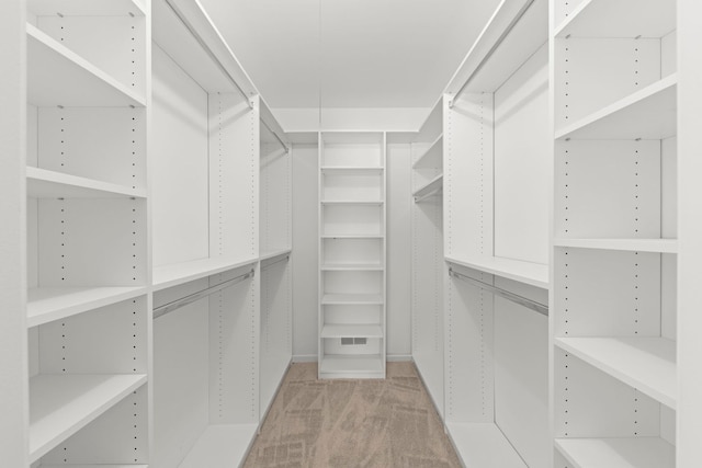 walk in closet with light carpet