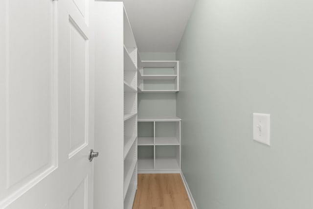 walk in closet with light hardwood / wood-style floors