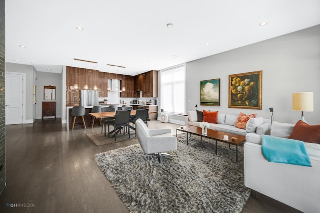 living room with dark hardwood / wood-style floors