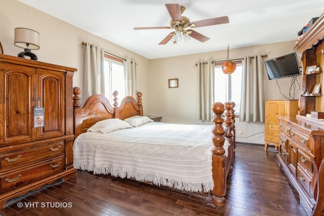 bedroom featuring multiple windows, dark wood-type flooring, and ceiling fan